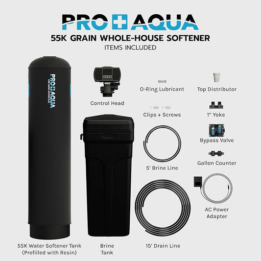 PRO+AQUA Heavy Duty Whole House Water Softener System – 55,000 Grain Capacity, Premium Long-Lasting Resin, 1" Ports