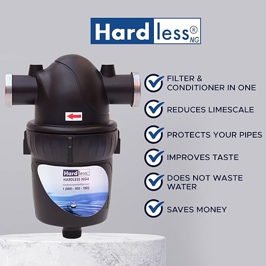 Hardless NG4 Whole House Water Filter with Extra NG4 Replacement Cartridge - Salt-Free Water Softener Alternative, 3/4" Inlet/Outlet, Compact, Easy to Install, Designed for Areas w/Hard Water
