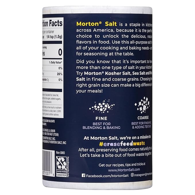 Morton Plain Salt, (26 oz), 2-Pack - All-Purpose, Non-Iodized Salt, Perfect for Cooking & Table Use