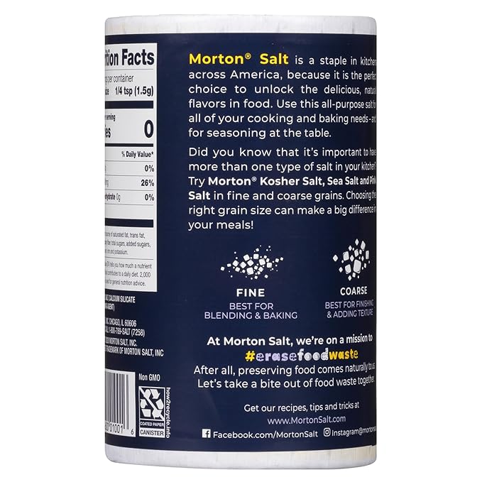 Morton Plain Salt, (26 oz), 3-Pack - All-Purpose, Non-Iodized Salt, Perfect for Cooking & Table Use