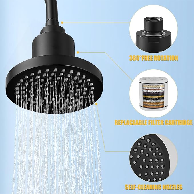 BESy Filtered 6 Inch Round Rain Shower Head High Pressure Rainfall Showerhead Filter Heavy Duty For Hard Water Universal for Remove Chlorine and Harmful Substances Matte Black