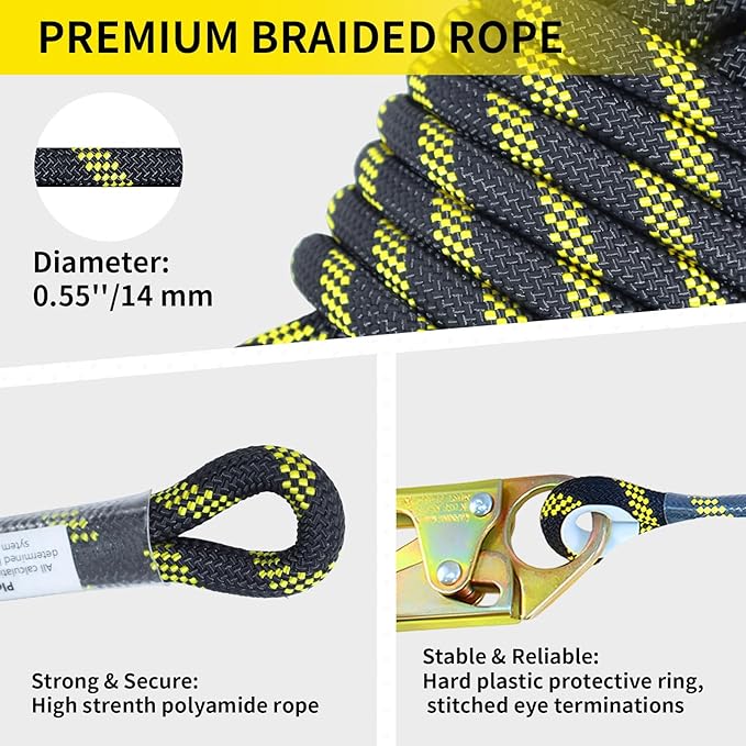 100FT Vertical Lifeline Assembly, Heavy Duty Fall Protection Safety Rope with Rope Grab, Steel Snap Hooks & Shock Absorber, Tree Climbing High-Altitude Safety Line Kit, ANSI CE