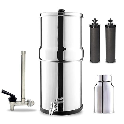 Denali Spring-2.25G (8 Liters)- Stainless Steel Gravity-Fed Water Filtration System with 2 Black Filters, SS Tap, POSTreat Filters and Vision Tap