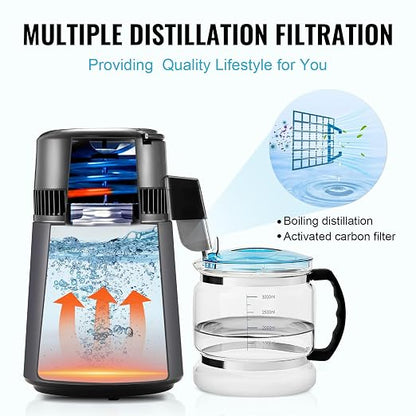 VEVOR Water Distiller, 4L /1.05 Gallon Pure Water Still for Home Countertop, 750W Distilled Water Maker, 304 Stainless Steel Body Distilling Machine with Glass Carafe to Make Clean Water, Gray