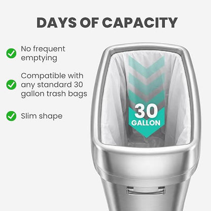 iTouchless 30G Commercial Trash Can with Wheels | Open Top Stainless Steel | Heavy-Duty 114L Oval Bin with 2 AbsorbX Odor Filters. ADA Compliant for Restaurant Restroom Hotel Office Healthcare Retail