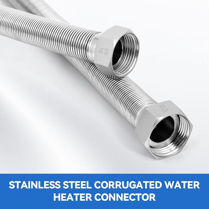24 Inch Flexible Stainless Steel Corrugated Water Heater Connector Kit,3/4" FIP x 3/4" FIP,304 Stainless Steel Flexible Line & EPDM Seal Rings for Tankless Water Heater,Water Softener,RV,Boiler(2PCS)