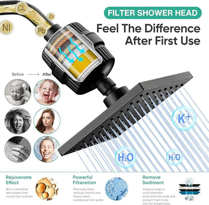 Cobbe High Pressure Filtered Shower Head Combo, Rain Shower Head with 20 Stage Shower Head Filter for Hard Water - Adjustable Replacement Remove Chlorine and Harmful Substances, Matte Black