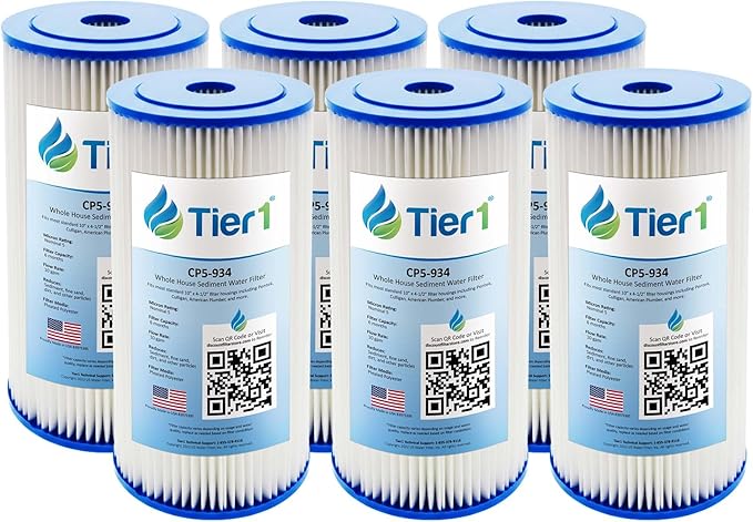 Tier1 5 Micron 10 x 4.5 Water Filter | Pleated Polyester Whole House Sediment Filter Cartridge | Replacement for Pentek CP5-BB, Culligan CP5-BBS-D, CP5-934, W5CPHD | 4.5 x 10 Water Filter (6-Pack)