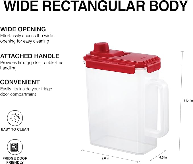 LocknLock Aqua Fridge Door Water Jug | Clear Pitcher | BPA Free Plastic Pitcher with Lid | 1 Gallon Pitcher with Lid for Water, Juice, Tea & More Beverages, Red