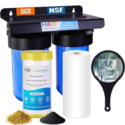 H&G Lifestyles 2-Stage Whole House Water Filtration System 50,000 Gallons | GAC KDF 58 Filter and PP Cotton Filter, Chlorine Odor Heavy Metal Lead Sediment Removal, Drinking Water Purification System