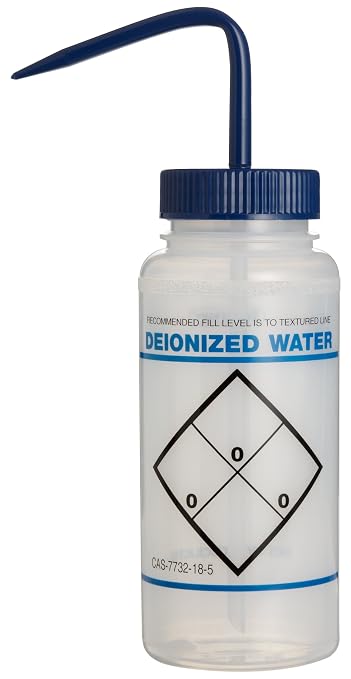 SP Bel‑Art Deionized Water Wash Bottles, 500 mL (16 oz) Wide‑Mouth Squeeze Bottles, Safety‑Labeled 2‑Color Polyethylene Bottle with Blue Polypropylene Cap, Laboratory & Scientific Use, Pack of 6