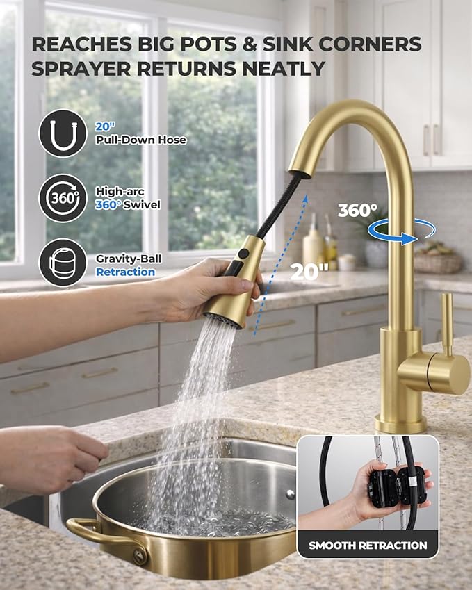 WEWE Kitchen Faucets with Pull Down Sprayer, Stainless Steel Single Handle 1 Hole for Family Kitchen Commercial Camper Laundry Rv Bar, Gold