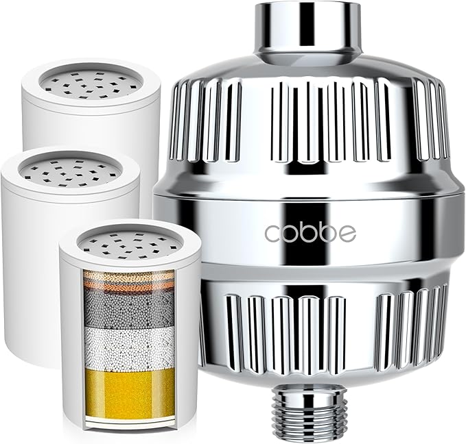 Cobbe High Output Shower Filter for Hard Water - Extra 2 Replaceable Cartridges - Removing Chlorine and Harmful Substance, and Dramatically Improves The Condition of Your Skin, Hair and Nails - Chrome