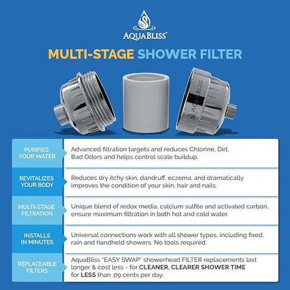 AquaBliss High Output Universal Shower Filter with Replaceable Multi-Stage Filter Cartridge – Transform Itching, Eczema & Acne into Glowing Hair, Nails & Skin Fast - Chrome (SF220) (Pack of 2)