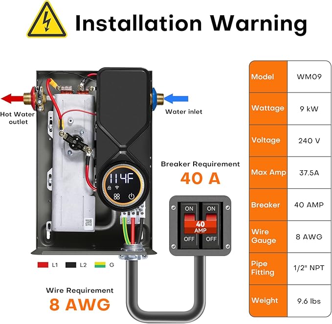 Tankless Water Heater Electric 9kW, 240 Volt On Demand Instant Hot Water Heater, Within 1℉ Stable Temp, Up to 2.2 GPM, WiFi Control, ETL Certified, Eco, WM09