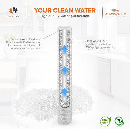 Aquaboon 5 Micron 20 x 2.5 Whole House String Wound Water Filter Replacement Cartridge for Well Water Filtration Compatible with WP5BB20P, 25-Pack