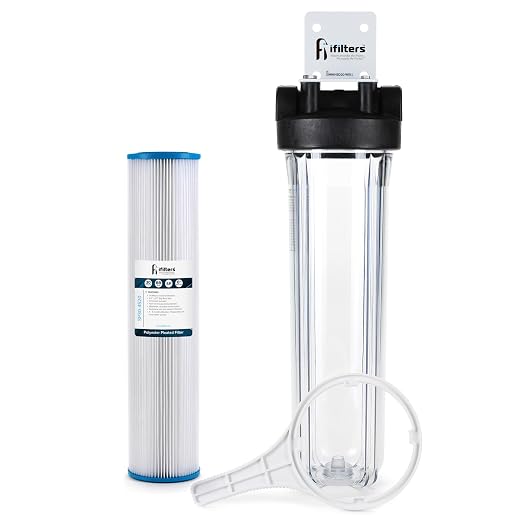 Well Water Whole House Sediment & Rust Complete Filtration System, Pleated Washable filter, 20" Clear Housing 1" Ports