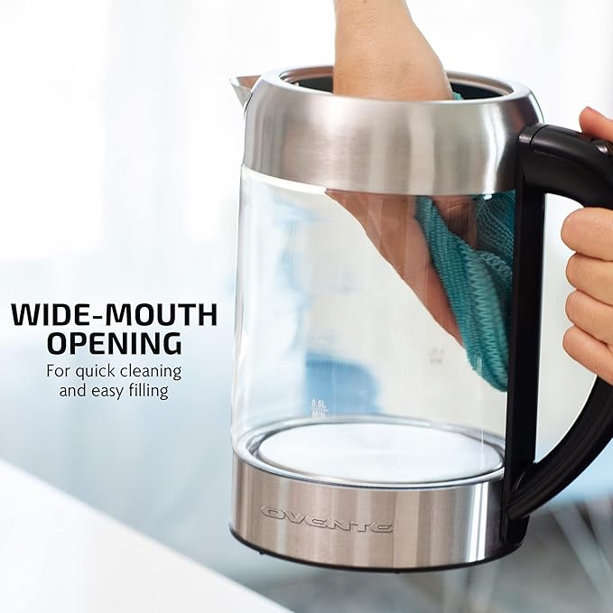 OVENTE Electric Kettle with 1.7L Borosilicate Glass, 1500W Instant Water Boiler and Heater for Coffee or Tea, BPA Free, Easy to Fill Lid, Auto Shut-Off and Boil Dry Protection, Silver KG6120S