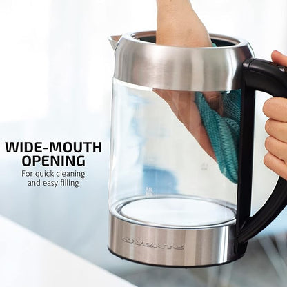 OVENTE Electric Kettle with 1.7L Borosilicate Glass, 1500W Instant Water Boiler and Heater for Coffee or Tea, BPA Free, Easy to Fill Lid, Auto Shut-Off and Boil Dry Protection, Silver KG6120S