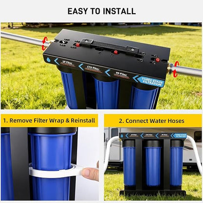3-Stage RV Water Filter System, 0.01 Micron UF Filter, 1" Brass Inlet/Outlet, 90° Elbow Adapter, Reduces Sediment, Heavy Metals, Chlorine and More, Cleaner Water for RVs, Campers and Trailers