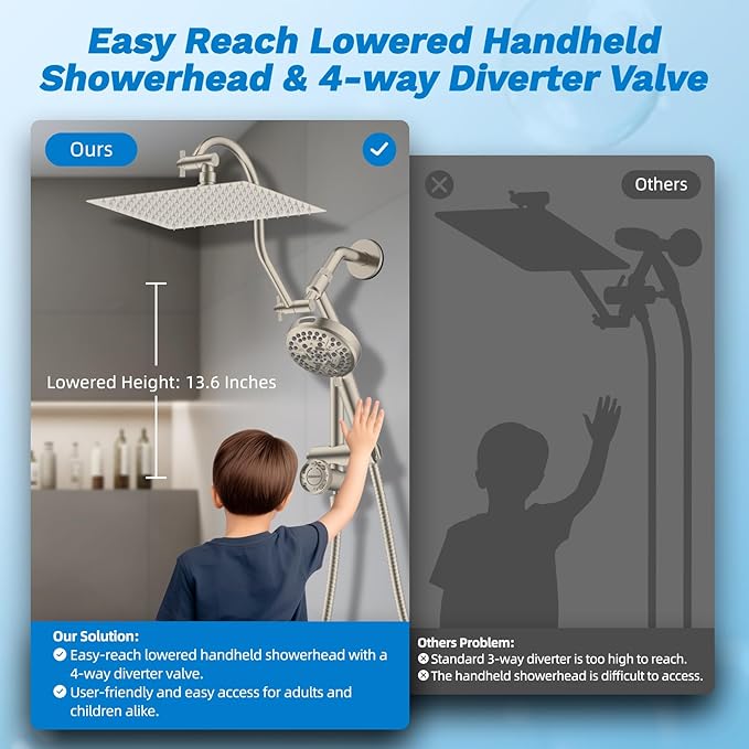 Hibbent cUPC Certified All Metal 12" Rainfall Showerhead Combo, High Pressure Shower Head with 10-Sprays Handheld, 4-way Diverter with Pause Mode, 71'' Shower Hose & Holder, Oil Rubbed Bronze