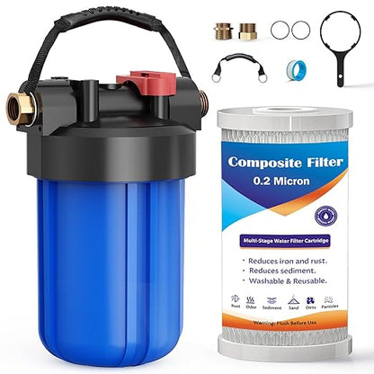 RV Water Filter System,Clog-Resistant Inline Water Filter with Brass Threads,0.2 Micron 6-Stage Filtration for RVs and Campers,4.5x10in.Cartridge,Filters VOCs,Chlorine, Sediments,Heavy Metals,Odors