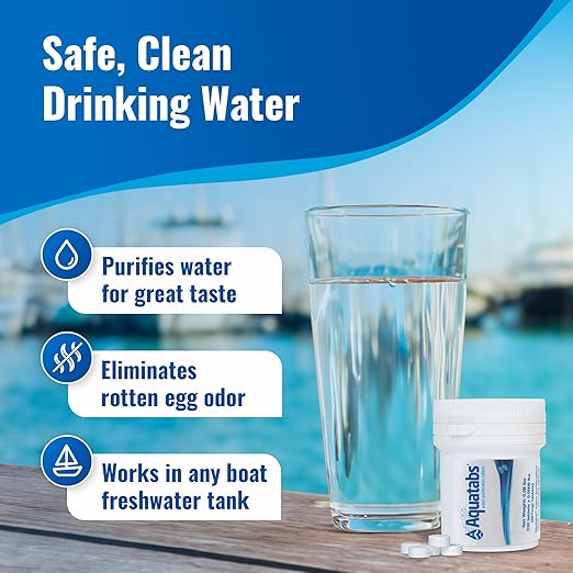 Drinking Water Essentials Kit - 200 Aquatabs Water Purification Tablets + 50 Chlorine Test Strips - for Boat and RV Tanks - By Aquamarine Water Solutions