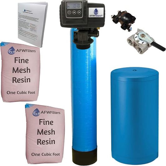 AFWFilters 2 cubic Foot (64k) Whole Home Iron Pro Water Softener with Fine Mesh Resin, 3/4" Stainless Steel FNPT Connection, and Blue Tanks