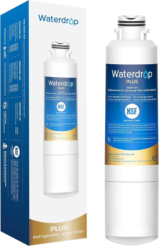 Waterdrop Plus WDP-F27 NSF 401 Certified Refrigerator Water Filter | Reduce PFOA/PFOS, Replacement for Samsung® DA29-00020B Water Filter HAF-CIN, HDX FMS-2, DA97-08006A-1, 46-9101, RF28HMEDBSR