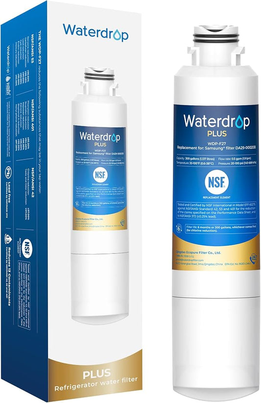 Waterdrop Plus WDP-F27 NSF 401 Certified Refrigerator Water Filter | Reduce PFOA/PFOS, Replacement for Samsung® DA29-00020B Water Filter HAF-CIN, HDX FMS-2, DA97-08006A-1, 46-9101, RF28HMEDBSR