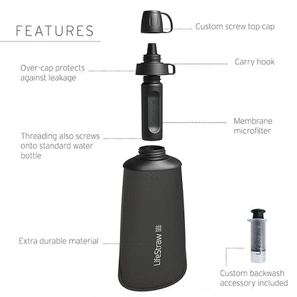 LifeStraw Peak Series - Collapsible Squeeze Bottle Water Filter System – 650ml for Trail Running, Through Hiking, Travel, Cycling, and Fishing; Dark Mountain Gray