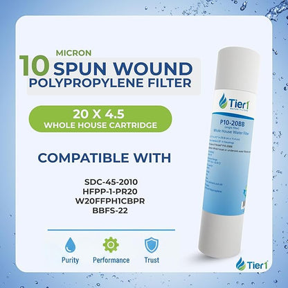Tier1 10 Micron 20x4.5 Water Filter | Spun Wound Polypropylene Whole House Water Pre-Filter Cartridge | Replacement for Hydronix SDC-45-2010 | 4.5 x 20 Sediment Water Filter (4-Pack)