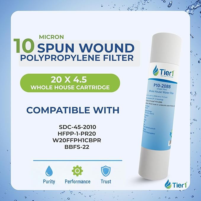 Tier1 10 Micron 20x4.5 Water Filter | Spun Wound Polypropylene Whole House Water Pre-Filter Cartridge | Replacement for Hydronix SDC-45-2010 | 4.5 x 20 Sediment Water Filter (2-Pack)