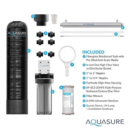 Aquasure Serene Lite Whole House Salt-Free Water Conditioning Descaler System with Triple Purpose Pre-Treatment Filter (650,000 Gallons Salt-Free System with UV)