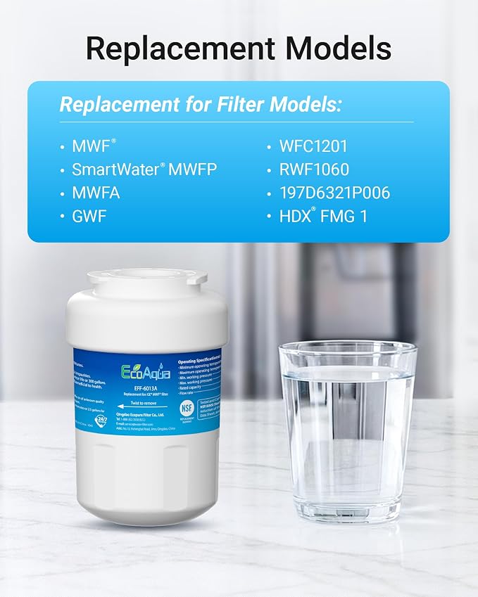 EcoAqua EFF-6013A Replacement Filter, Compatible with GE MWF SmartWater, MWFA, MWFP, GWF, GWFA, 46-9991, HDX FMG-1, WFC1201, GSE25GSHECSS, PC75009, RWF1060 Refrigerator Water Filter, 2 Pack | Replacement for SmartWater, MWFA, MWFA, GWF, 46-9991, HDX FM...