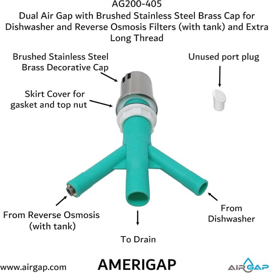 Dual Air Gap with Brushed Stainless Steel Brass Cap for Dishwasher and Reverse Osmosis Filters (with tank) and Extra Long Thread (AG200-405, AG200-X05, AMERIGAP)