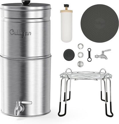 Culligan MaxClear 2.25 Gallon Gravity Water Filter System, Brushed Stainless-Steel Countertop Water Filter NSF/ANSI Certified to Reduce Microplastics, Lead & Total PFAS, with 2 Ceramic Filters