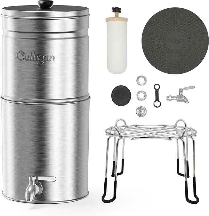 Culligan MaxClear 2.25 Gallon Gravity Water Filter System, Brushed Stainless-Steel Countertop Water Filter NSF/ANSI Certified to Reduce Microplastics, Lead & Total PFAS, with 4 Ceramic Filters