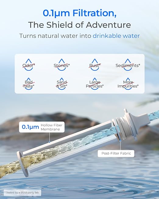Waterdrop Gravity Water Filter Straw, Camping Water Filter, 0.1 Micron | Survival Water Purifier for Hiking, Backpacking & Emergency Preparedness, Multi-Stage Filter with 1.5 Gallon Water Bag