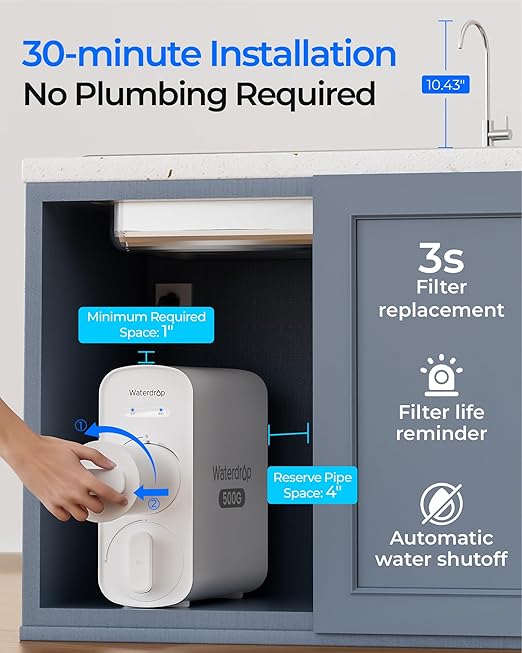 Waterdrop G5P500 Reverse Osmosis Water Filter, NSF/ANSI 58 & 372 Certified, 7 Stage Reverse Osmosis System, 500G RO Water Filtration System, 2:1 Pure to Drain, Reduces TDS PFAS, BPA Free