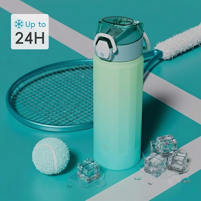 Konokyo FLOWPLAY 25oz Locking Push-Button Water Bottle with Silicone Spout,Leak-Proof,18/8 Stainless Steel Double-Wall Vacuum Insulated for Sports and Travel,BPA-Free,Mint