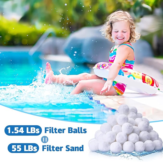 QwayHome 1.54 lbs Pool Filter Balls, Reusable Filter Fiber Balls for Above Ground Pool Sand Pump, Eco-Friendly, Efficient, Clean Water, Equals 55 lbs Filter Sand, White
