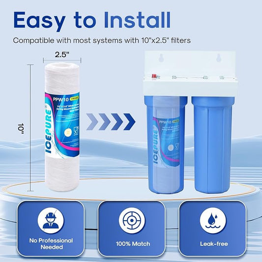 ICEPURE 10" x 2.5" Whole House String Wound Sediment Water Filter for Well Water, 5 Micron Water Cartridge Replacement for Any 10 inch RO Unit, Aqua-Pure AP110, WP-5, CFS110, WFPFC4002, CW-MF, 3 PACK