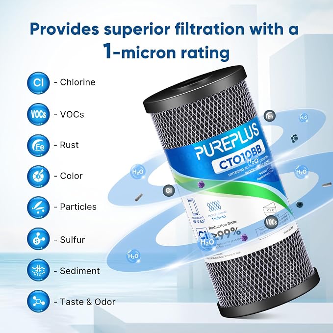 PUREPLUS 1 Micron Coconut Shell Water Filter Cartridge | Activated Carbon Block CTO | Universal Whole House 10 inch Cartridge | Compatible with WFHDC8001, CB-BB-10, EPM, EP-BB, CTO10BB, 1 Pack