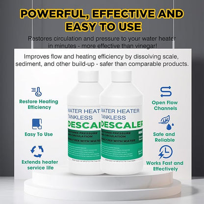 2 Pack Tankless Water Heater Descaler - Quart (64 oz) Premium Tankless Water Heater Systems, Highly Effective Descaler Restores Heating Efficiency, Easy Use