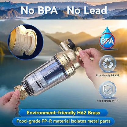 Whole House Reusable Spin Down Sediment Water Filter 40 Micron, Flushable Brass Pre-Filter for Well & City Water, Water Hammer Protection, Easy Horizontal/Vertical Install, 1" MNPT + 3/4" FNPT
