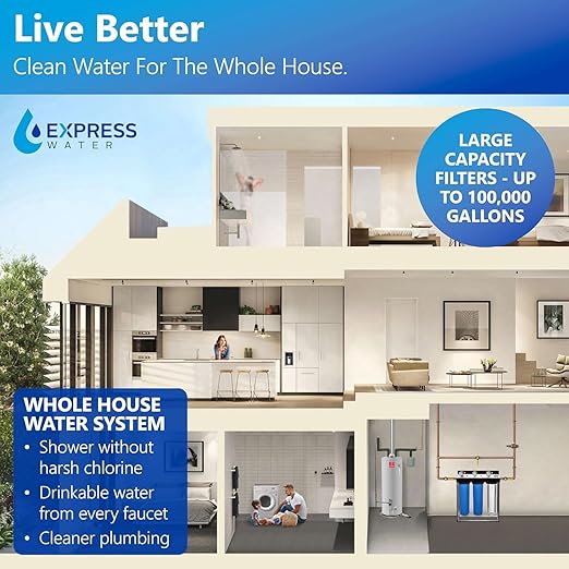 Express Water Whole House Water Filter System, 3 Stage Whole Home Filter Reduces Chlorine, Chloramine and More for Healthier Skin, Includes Free-Standing Stainless Steel Frame & 3 Pressure Gauges