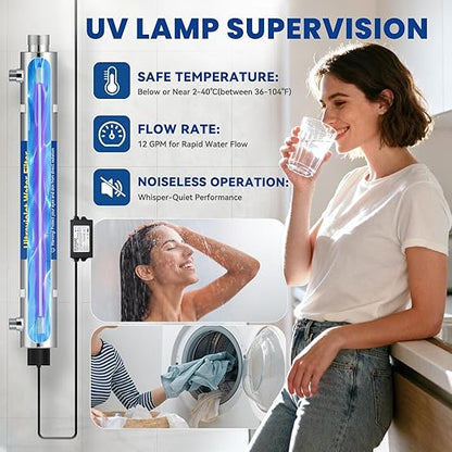 UV Water Filter Whole House, 3/4" MNPT Inlet/Outlet Water Purifier Filter System for Whole House Water Purification, 12GPM, 120V, +1 Extra Bulb