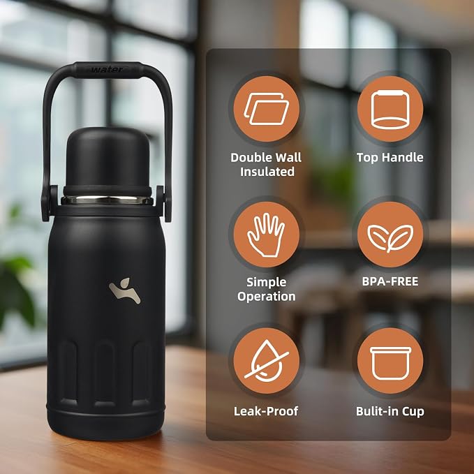 Konokyo Insulated Water Bottle with Handle and Strap,Vacuum Travel Tumbler with Cup Lid,Thermo Coffee Cup for Hot Cold Drinks 27 OZ,Black