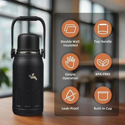 Konokyo Insulated Water Bottle with Handle and Strap,Vacuum Travel Tumbler with Cup Lid,Thermo Coffee Cup for Hot Cold Drinks 27 OZ,Black